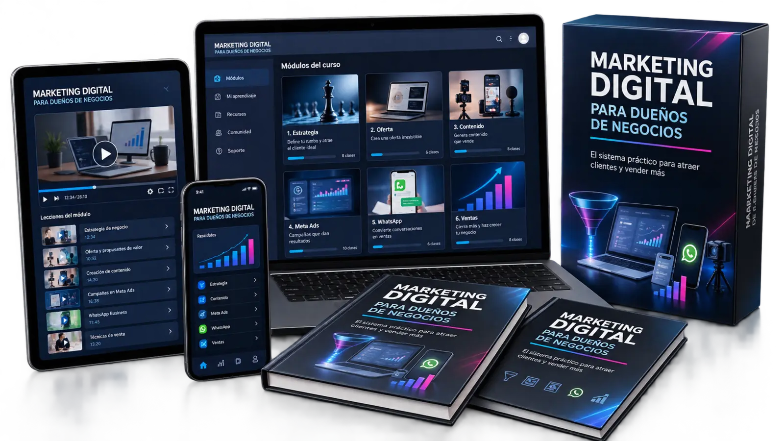 Mockups del curso Marketing Digital para Dueños de Negocios
